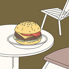 Burger on a table with chair in a restaurant, cafe or patio