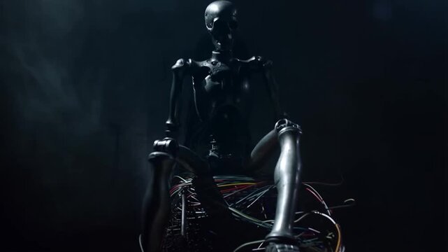 Metallic robot skeleton sitting on throne of wires, camera rises bottom to top, flickering light. Concept of AI halloween dark fantasy