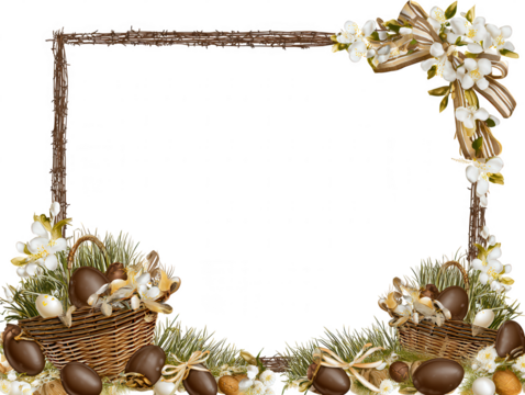 Rustic easter frame with baskets chocolate eggs and white flowers isolated on transparent background