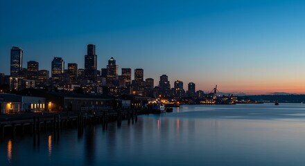Seattle skyline at dusk reflecting in Puget Sound on a clear evening