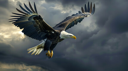 Obraz premium Bald eagle soaring through a stormy sky, wings spread wide, embodying freedom, power, and the spirit of american wildlife in its natural habitat