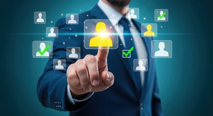 Obraz premium Businessman selecting a candidate from a digital interface with user profiles, human resource concept