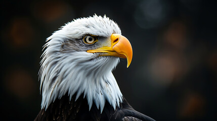 Obraz premium Detailed portrait of a bald eagle head, showcasing its sharp gaze, powerful beak, and majestic feathers, symbolizing american strength and freedom