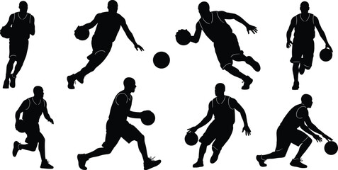 Silhouettes of basketball players dribbling, running, and playing with ball, isolated on white background for sports and action design