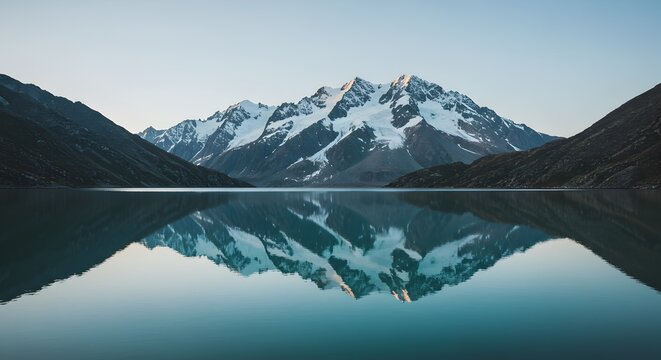 Serene mountain range reflecting in tranquil lake during peaceful dawn