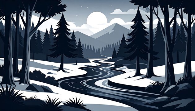 Snowy Forest Landscape with Winding River at Night. - Powered by Adobe