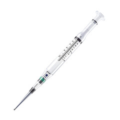 A single, transparent medical syringe with a hypodermic needle for administering a precise dose of medicine, isolated on a white background for healthcare concepts