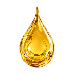 A single, perfect drop of shiny golden liquid, representing cosmetic serum, cooking oil, or industrial lubricant, isolated on a white background
