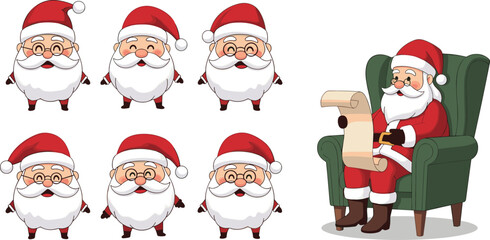 Cute cartoon Santa Claus characters with various expressions and sitting Santa reading a long list, Christmas holiday concept