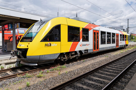 Limburg, Germany - July 29, 2025: HLB Hessische Landesbahn Alstom Coradia LINT 27 train at Limburg station