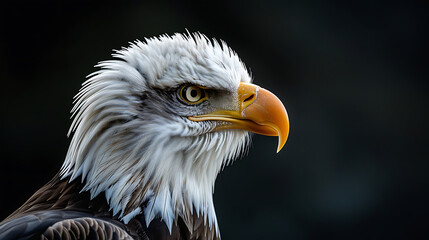 Obraz premium A closeup of a bald eagles head, highlighting its intense gaze, sharp beak, and detailed feathers against a dark background, showcasing its power