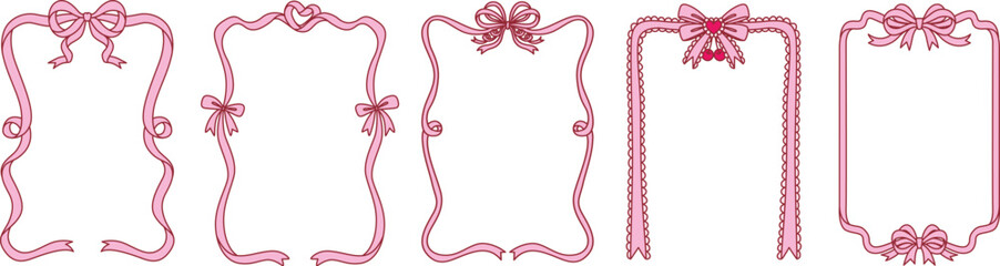 Set of pink bow ribbon square frame with editable stroke thickness for wedding, valentines card and so on. Vector illustration.	
