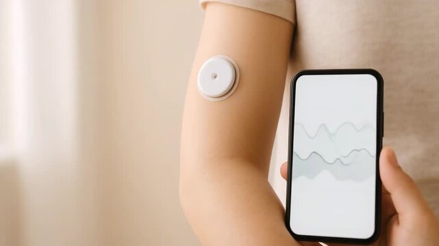 Continuous Glucose Monitor on Arm with Smartphone App &ndash; Wearable Diabetes Sensor for Real-Time Blood Sugar Tracking, Digital Health and Remote Monitoring