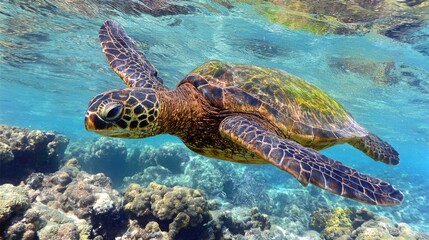 Fototapeta premium Green sea turtle gliding through clear ocean waters, surrounded by dappled sunlight and coral.