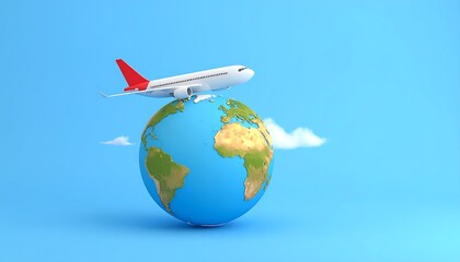 Fototapeta premium A stylized globe with a jet plane soaring above, symbolizing global travel and worldwide exploration in a simple, vivid design.