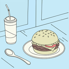 Burger, soda, and spoon on a table near a window illustration
