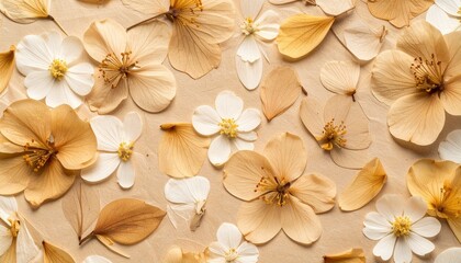 Close-up light brown textured washi with embedded flower petals