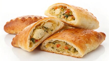 Delicious chicken and vegetable turnovers isolated on white background, perfect for a quick lunch or a tasty snack on the go