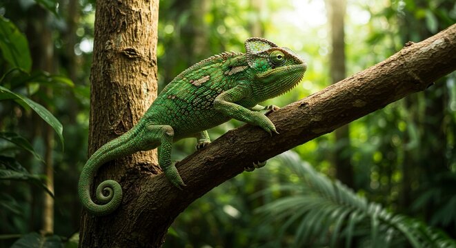 Green chameleon on a branch detailed with curly tail in a lush outoffocus forest