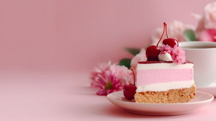 Delightful Pink Cake Slice with Cherry and Floral Decoration