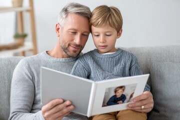 Father and son enjoying quality time together, sitting on a comfortable sofa at home, browsing through a photo album and reminiscing over cherished memories