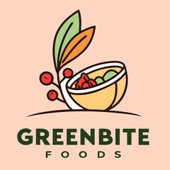 Greenbite foods logo with bowl of fruits and leaves on a peach background