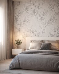 Beige bedroom with sketched foliage wallpaper