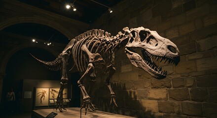 Tyrannosaurus Rex skeleton stands tall in a museum exhibit hall