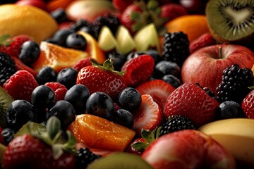 Obraz premium Close-up of vibrant assortment of fresh fruits including strawberries, blueberries, and kiwi. Juicy colors create an appetizing display indoors.