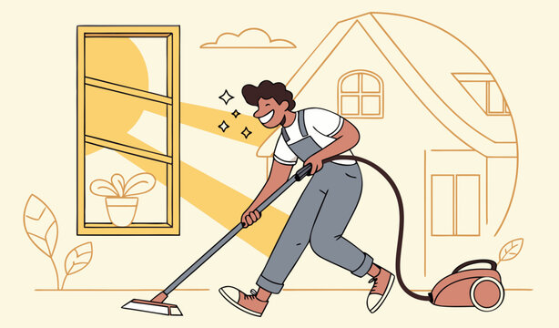 Cheerful man in casual clothes using a vacuum cleaner, pretending to dance in front of a window. Housework concept. Vector illustration