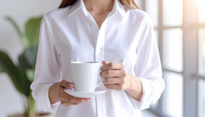 腰上ショットで、腕まくりした白シャツを着た人物がコーヒーカップを持つ構図です。柔らかな自然光が背景に差し込み、シンプルでナチュラルな印象。