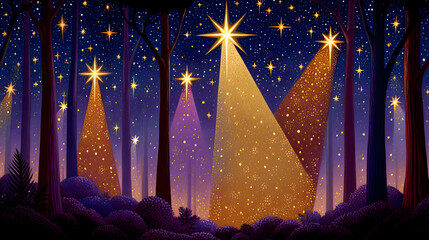 Magical forest night scene with radiant stars illuminating the trees creating wonder