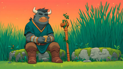 Relaxed minotaur enjoying quiet moment outdoors with cup of tea under warm sunset sky