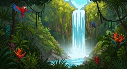 Lush jungle landscape with waterfall and tropical birds illustration