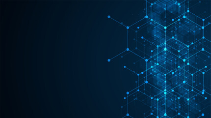 Obraz premium Hexagons pattern on blue background. Genetic research, molecular structure. Chemical engineering. Concept of innovation technology. Used for design healthcare, science and medicine background