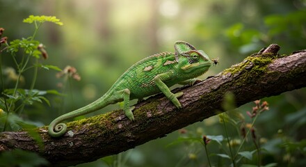 Fototapeta premium Green chameleon perched on a mossy branch in a lush natural setting