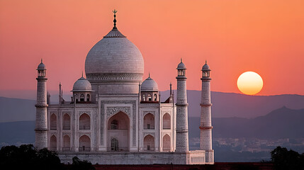 Taj Mahal silhouette at sunset with vibrant orange sky evoking travel and wonder