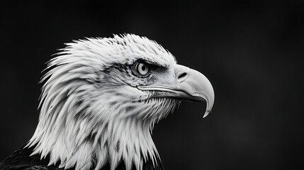 Fototapeta premium A striking black and white portrait captures the intense gaze and powerful presence of a bald eagle, highlighting its majestic features and fierce spirit