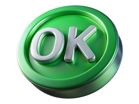 Green OK Button Icon with Silver Letters on Dark Background Approval and Confirmation Symbol 3D Rendering