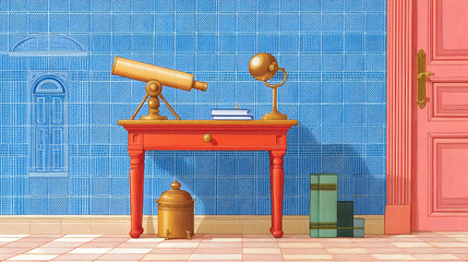 Golden telescope and globe on red table, vintage study ambiance, bright blue tiled wall, pink door