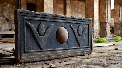 Ancient stone relief with intricate carvings and circular motif found in historical ruins