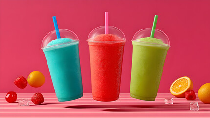 Refreshing icy slushies in vibrant colors with fresh fruit and ice cubes, perfect for summer.