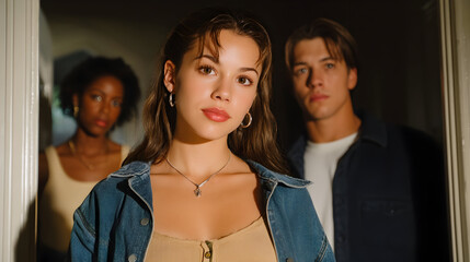 Confident young woman gazes forward with friends subtly present, hinting at shared stories and intrigue.