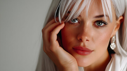 Gorgeous woman with silver hair and captivating eyes perfect for beauty and fashion campaigns