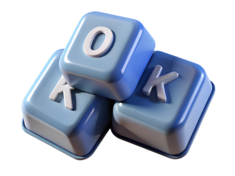 Three Light Blue Toy Blocks Stacked Spelling OK on a Black Background for Children