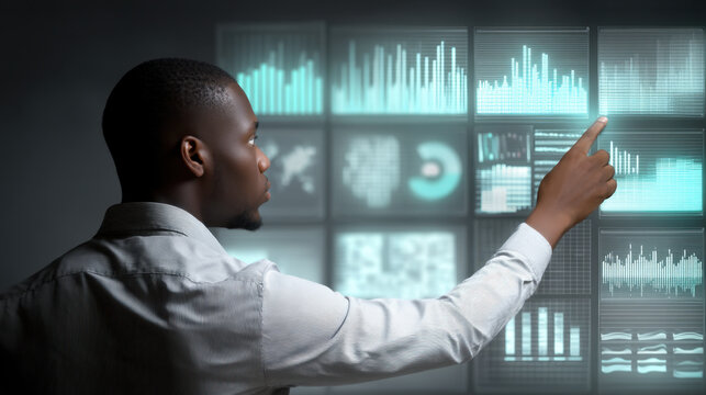 Data analyst interacting with digital interface analyzing graphs and statistics technology concept modern workspace professional attire focused expression data visualization touchscreen display