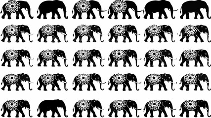 Obraz premium Seamless pattern of black elephants with floral decorations on their bodies in a repeating design layout | editable eps vectors silhouette