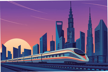 High-speed bullet train rushing through a futuristic cityscape.