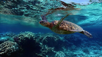 Fototapeta premium Green sea turtle gliding through clear ocean waters, surrounded by dappled sunlight and coral.