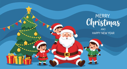Christmas celebration with Santa Claus and happy kids, decorated tree, gifts, festive background, joyful holiday scene, Merry Christmas illustration